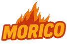 Logo with the word 'Morico' and flame design on a white background