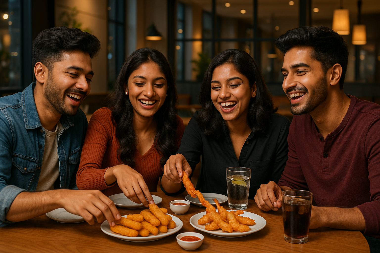 good looking indian friends in 20's enjoying fish fingers and prawn tempuras