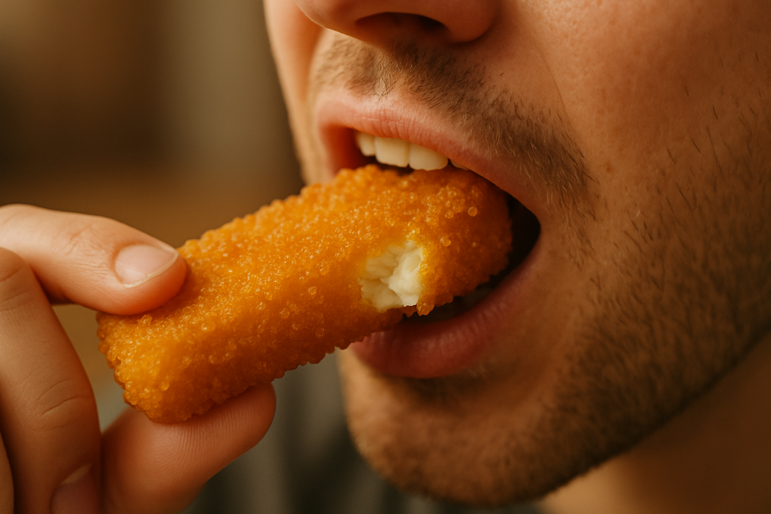 taking a bite of fish finger