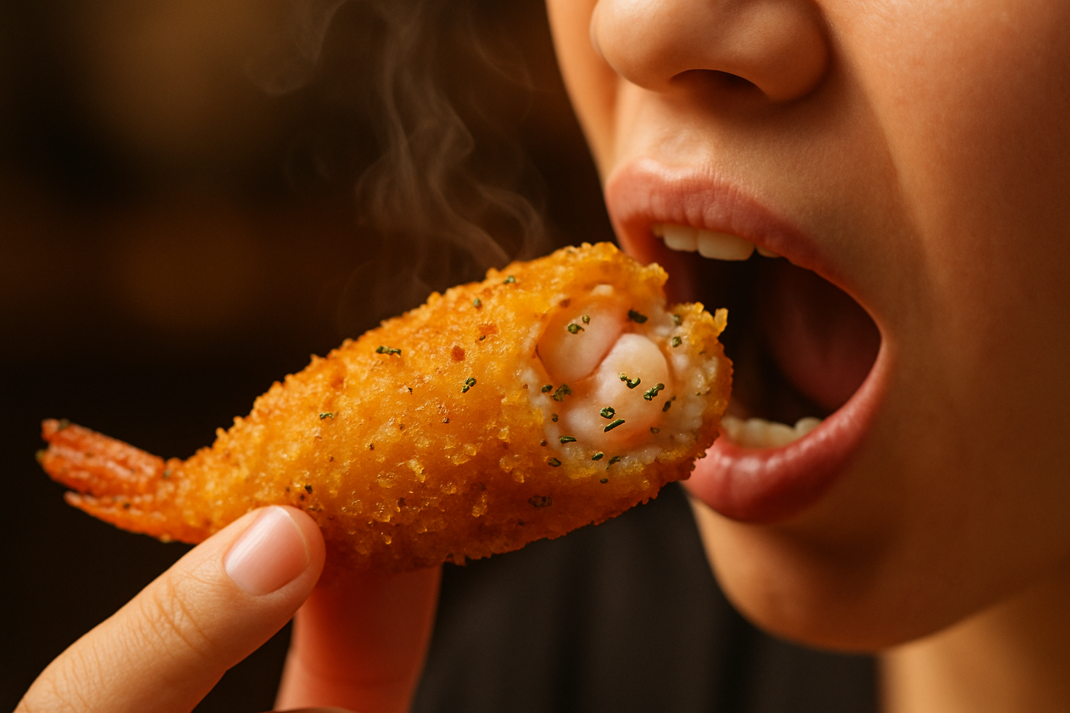 taking bite of prawn torpedo
